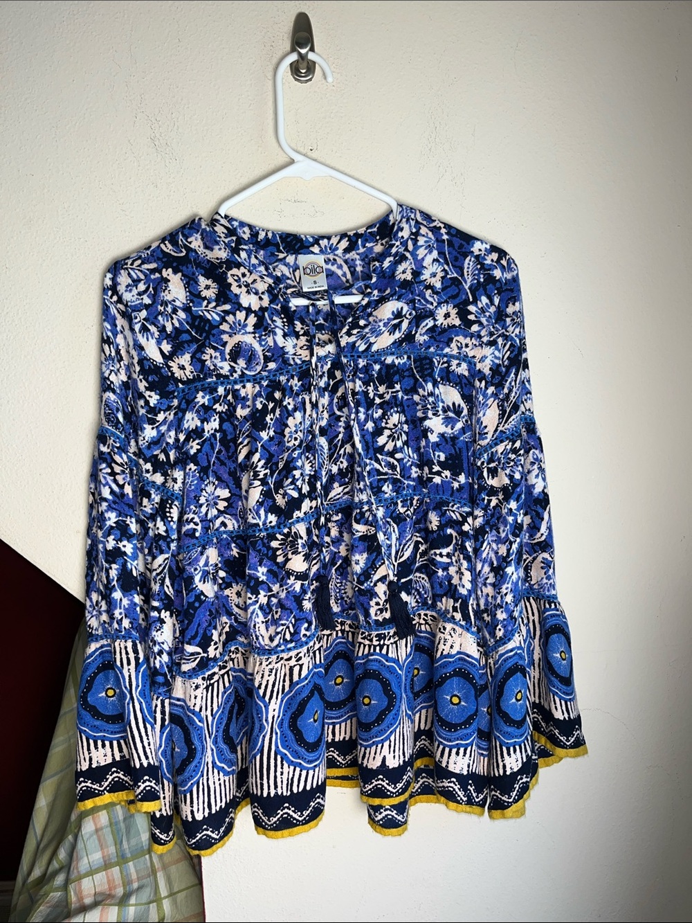 Bila Blue and White Floral Tunic with Yellow Trim S